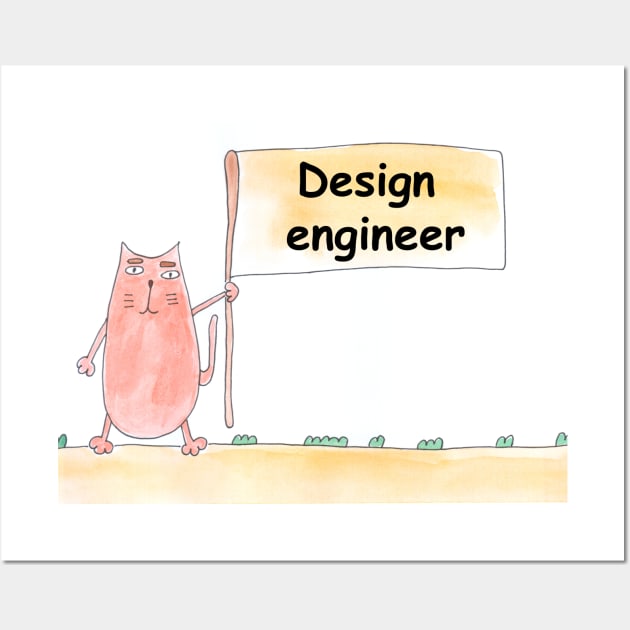 Design engineer. Profession, work, job. Cat shows a banner with the inscription. Watercolor illustration. A gift for a professional. Wall Art by grafinya